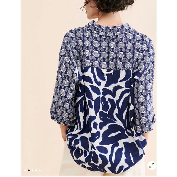 By Anthropologie Printed Linen Blend Buttondown Shirt Top Sz 2X Beach Nautical - Picture 8 of 14